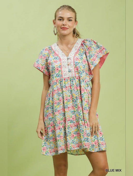 Umgee Dresses & Skirts - Umgee Mix Floral Tiered Mini Dress with Side Pockets - New Arrival